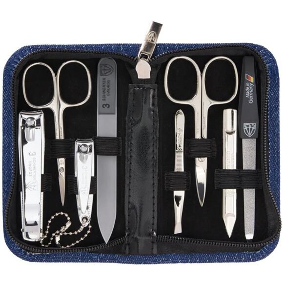 8 piece manicure pedicure grooming kitset textil case jeans blue-Made in Germany